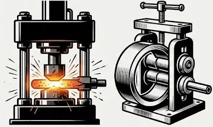 Technical icon depicting an open-die hydraulic forging press and seamless rolled ring mill, representing high-CAPEX industrial assets for M&A valuation.