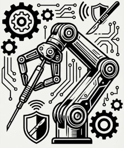 M&A industry icon illustrating a surgical robotic gripper arm, high-precision scalpel instrumentation, and electronic circuitry for RAS platforms.