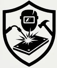 A black and white icon featuring a welding mask, torch, and hammer inside a shield, representing metalworking and industrial fabrication services in Minneapolis.