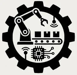 A black and white industrial gear icon depicting a robotic assembly arm, a conveyor belt, and a microchip, symbolizing industrial automation and smart systems.