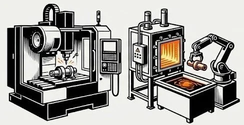 Icon showing integrated CNC machining centers and industrial heat treatment furnaces, symbolizing high-margin vertical integration and NADCAP compliance moats.