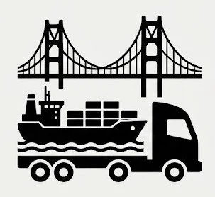 Icon set featuring a cargo ship, semi-truck, and suspension bridge, representing marine, logistics, and infrastructure industries.