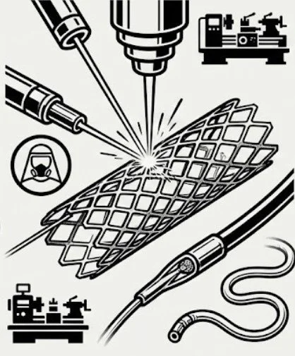 High-precision manufacturing icon showing a laser-cut vascular stent, catheter tip extrusion, and cleanroom-validated assembly components.