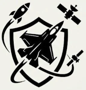 Professional icon for aerospace and defense featuring a fighter jet, shield silhouette, and orbiting satellite elements.