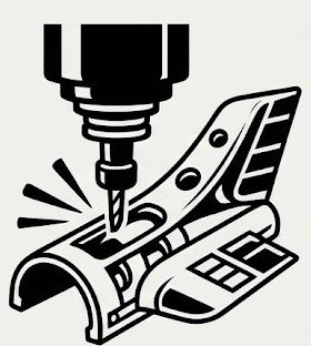 Black and white technical icon of a 5-axis CNC spindle machining a high-tolerance titanium aerospace structural component for flight controls.