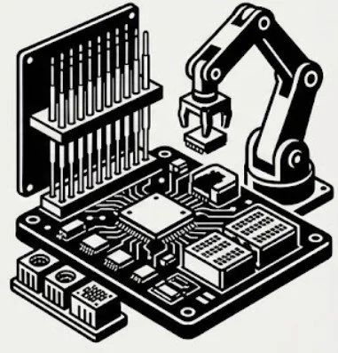 Technical icon of a high-density probe card and robotic assembly arm for semiconductor back-end testing and OSAT supply chain.