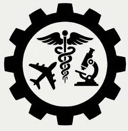 Industrial gear icon featuring a caduceus, airplane, and microscope, representing aviation and medical technology sectors.