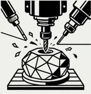 Technical icon depicting 5-axis CNC machining and wire EDM of silicon carbide and ceramic semiconductor components.