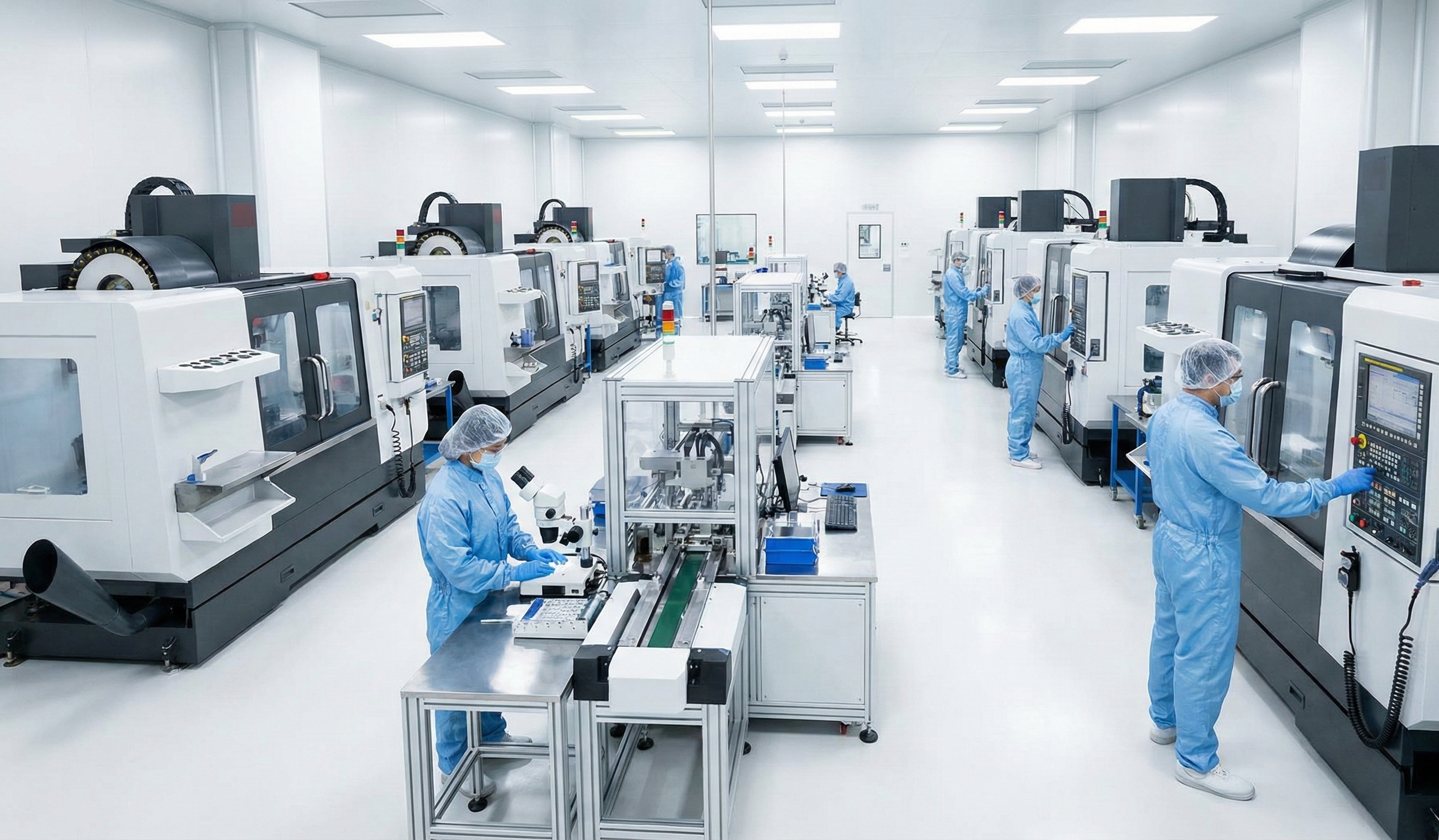 A high-tech medical device manufacturing cleanroom featuring precision CNC machinery and sterile production lines, representing the technical enterprise value and regulatory moats of Tier 1 suppliers.
