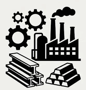 Black and white minimalist icon representing Heavy Manufacturing and Materials, featuring industrial gears, a factory silhouette, structural steel beams, and metal ingots.