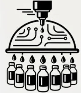 Black and white industrial line art logo showing a sterile dome filling a row of bottles with precision liquid droplets, representing high-speed aseptic bottling.