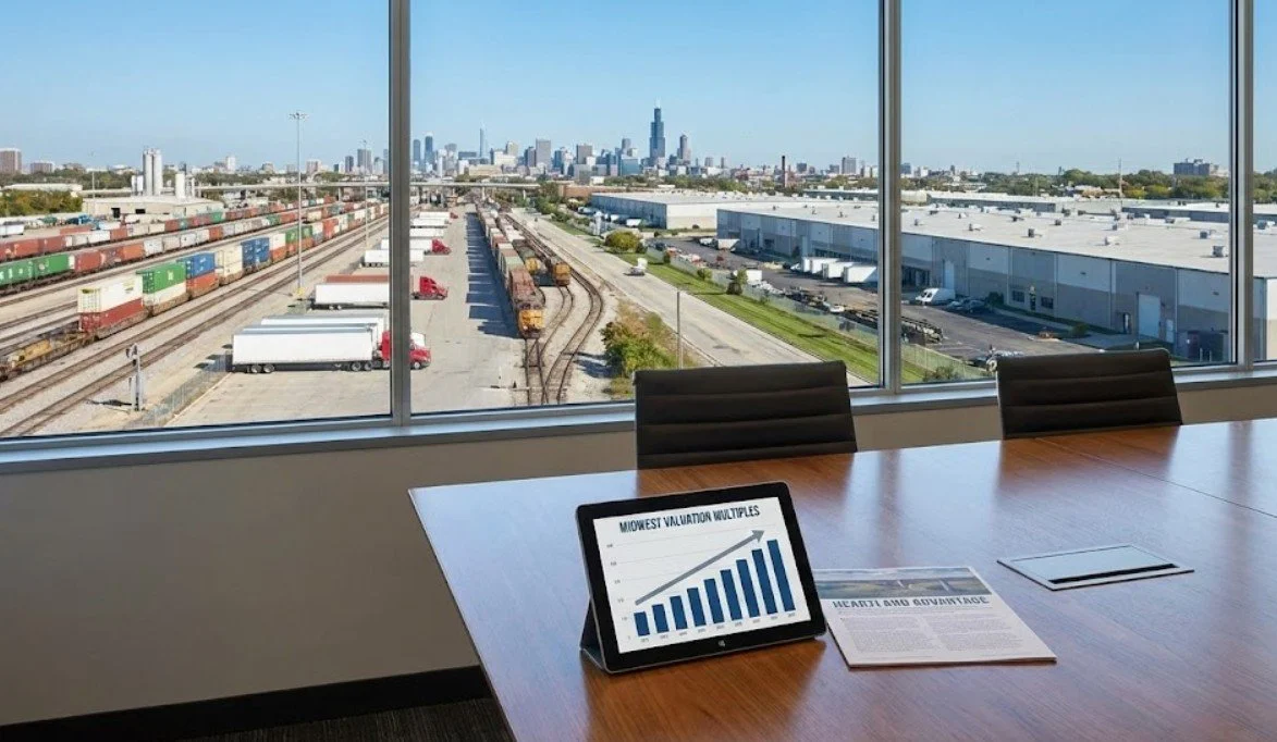 Inside a conference room with a wooden table, two chairs, a tablet displaying a graph titled "Midwest Valuation multiplies," and a newspaper, with a large window showing a view of train tracks, industrial buildings, and the Chicago skyline in the background