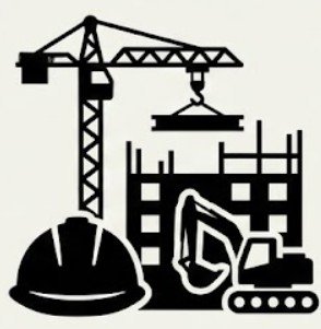 Industrial icon representing construction and infrastructure with a crane, excavator, building structure, and safety hard hat.