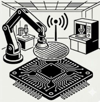 Technical vector icon depicting automated assembly and testing of semiconductor components and high-tech circuit boards for Tier 1 supply chain M&A.