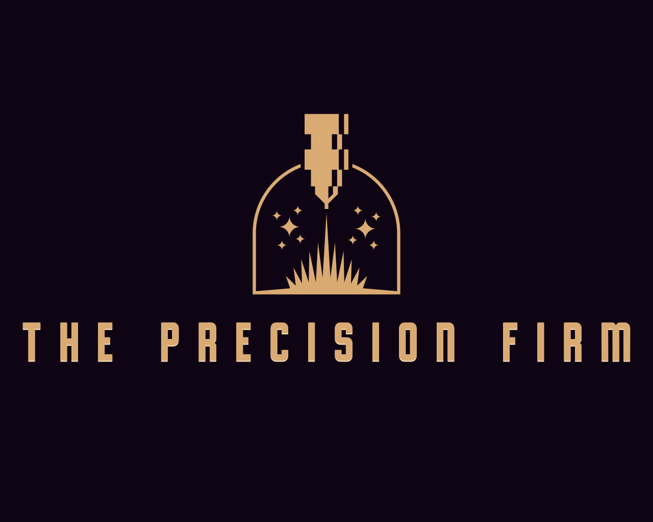 Logo for The Precision Firm featuring a stylized fountain pen nib and sparkle details above the company name.