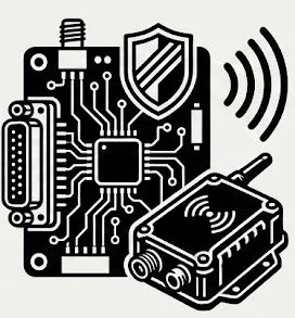 Technical illustration of a ruggedized military-grade PCB with shielding and Mil-Spec connectors, representing defense electronics and C4ISR systems.