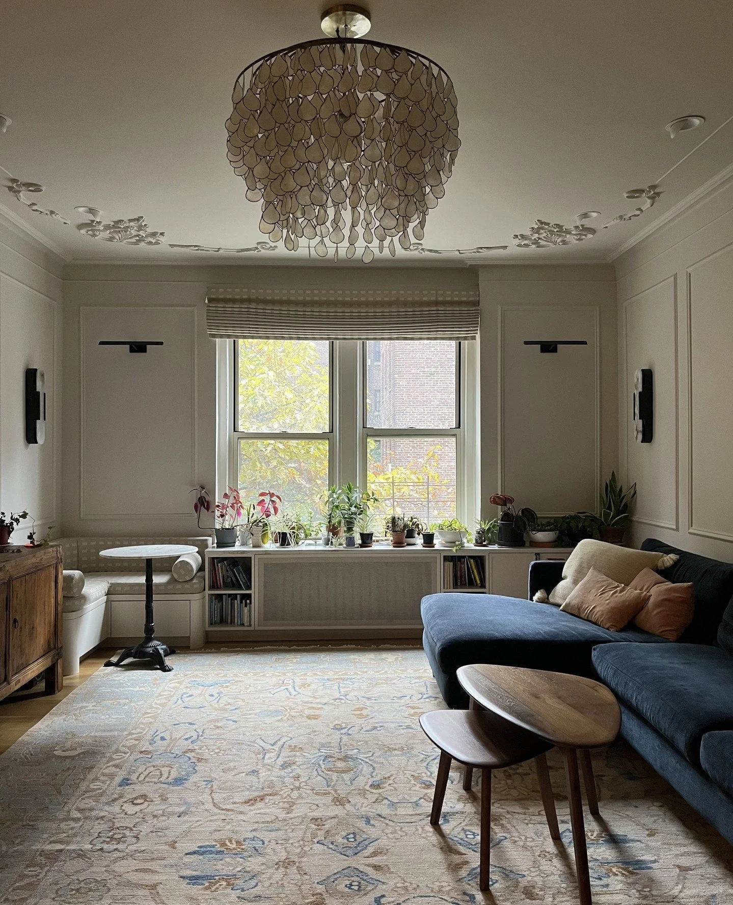 // BESPOKE - Our dreamy bespoke rug by @jdstaron has arrived and is everything we thought it would be - like she's always been there, pulling in the colors of the blue upholstery, warm wood tones, and of course bringing her most elegant self to our c