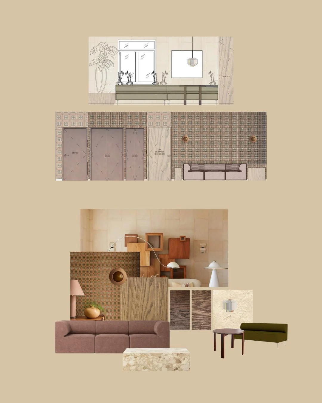 // CONCEPT - introducing our newest project in greenpoint - we're bringing some warm and moody vibes with a mix of japanese inspired pattern &amp; texture to this living &amp; dining room - design by #clairehungdesign //⁠
⁠
⁠
#interiordesigner #nycin