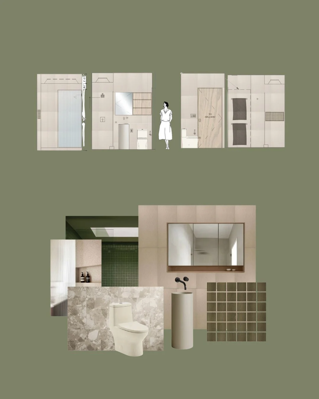 // CONCEPT - moody green tile, stone tile &amp; a stone sculptural sink for a bathroom at our greenpoint residence no. 2 project - a mix that feels earthy without losing warmth - design by #clairehungdesign // ⁠
⁠
#interiordesign #interiordesigner #b