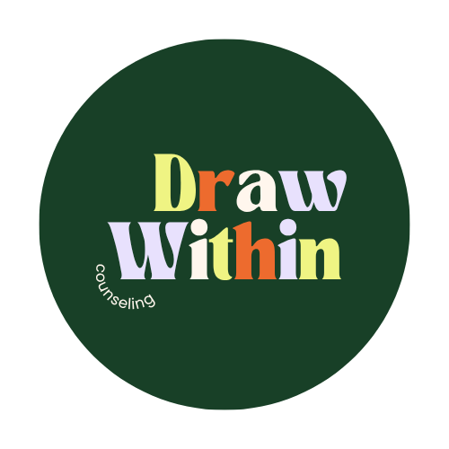 Draw Within Counseling logo with colorful typography on a dark green circular background