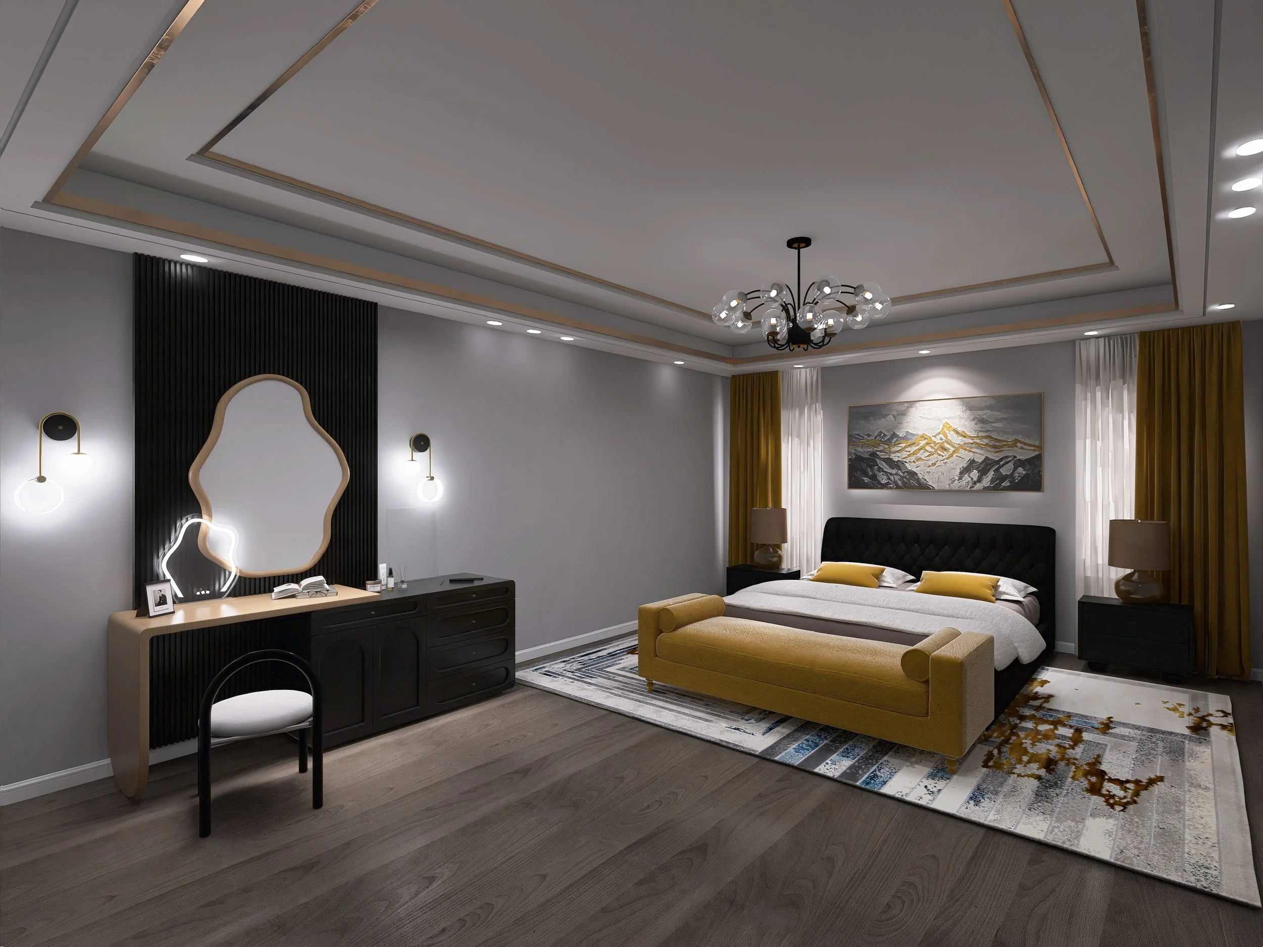 Modern bedroom with a large bed, yellow and black accents, a chandelier, a mirror, and contemporary furnishings.