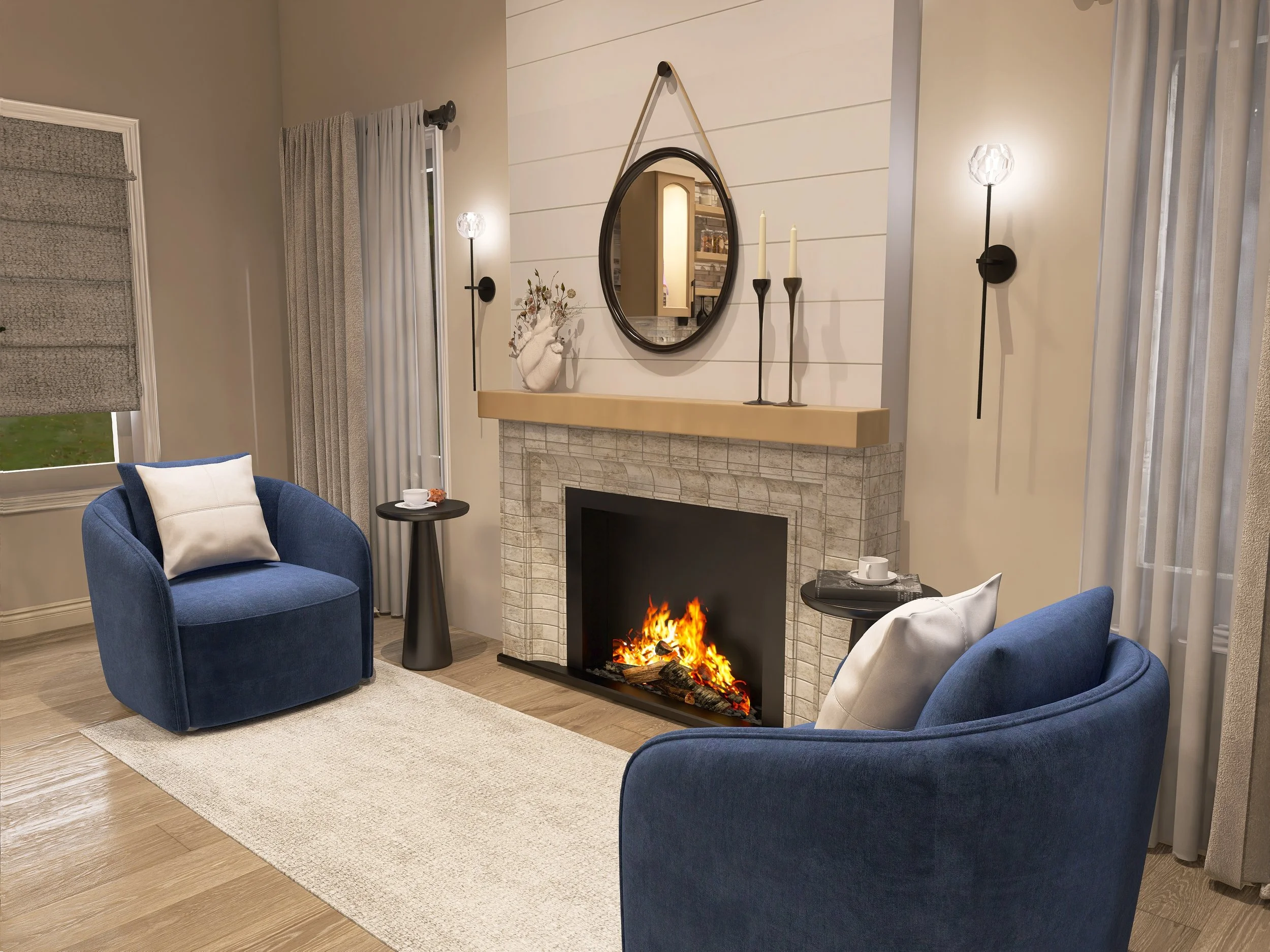 A cozy living room with a white brick fireplace, blue armchairs, a beige rug, side tables with cups, a mirror above the fireplace, and wall sconces, with curtains and a window.