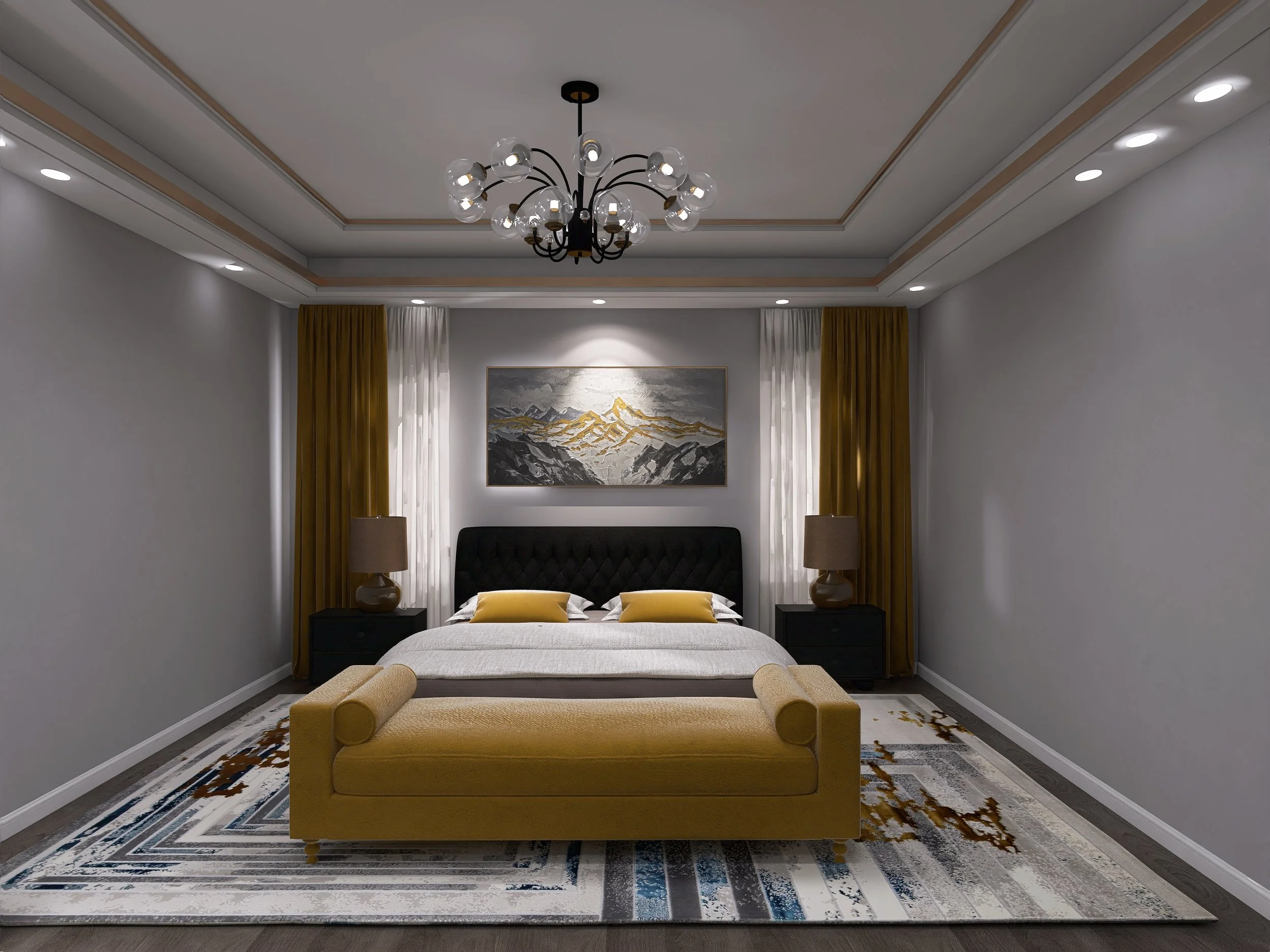 A modern bedroom with a black upholstered headboard, mustard yellow throw pillows, a yellow bench at the foot of the bed, two black nightstands with beige lamps, white and yellow curtains, a framed mountain painting, and a decorative area rug.