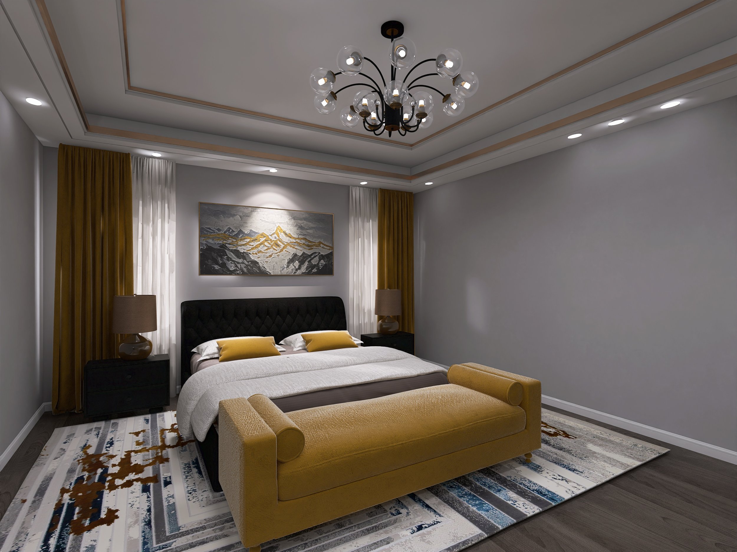 Modern bedroom with a large bed having a black headboard, white bedding, and yellow accent pillows. Flanked by black nightstands with beige lamps. A yellow upholstered bench at the foot of the bed. Framed artwork of mountains hangs on the wall behind the bed. Floor-to-ceiling white and mustard curtains on windows. A contemporary chandelier hangs from the ceiling, and there is a patterned area rug on the wooden floor.