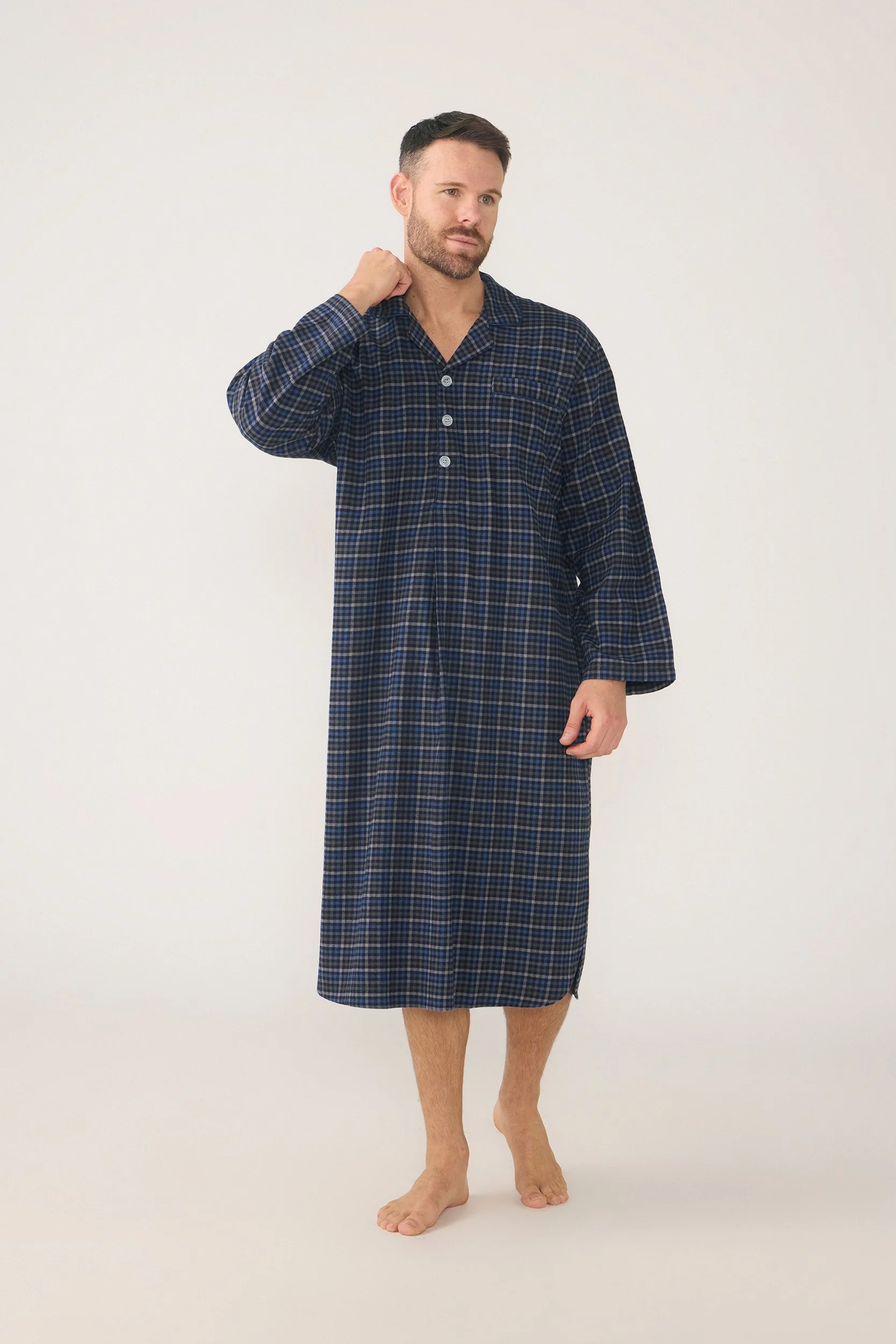 Men’s Winterweight Longer-Length Nightshirt – Ancestry Tartan, Woodsmoke