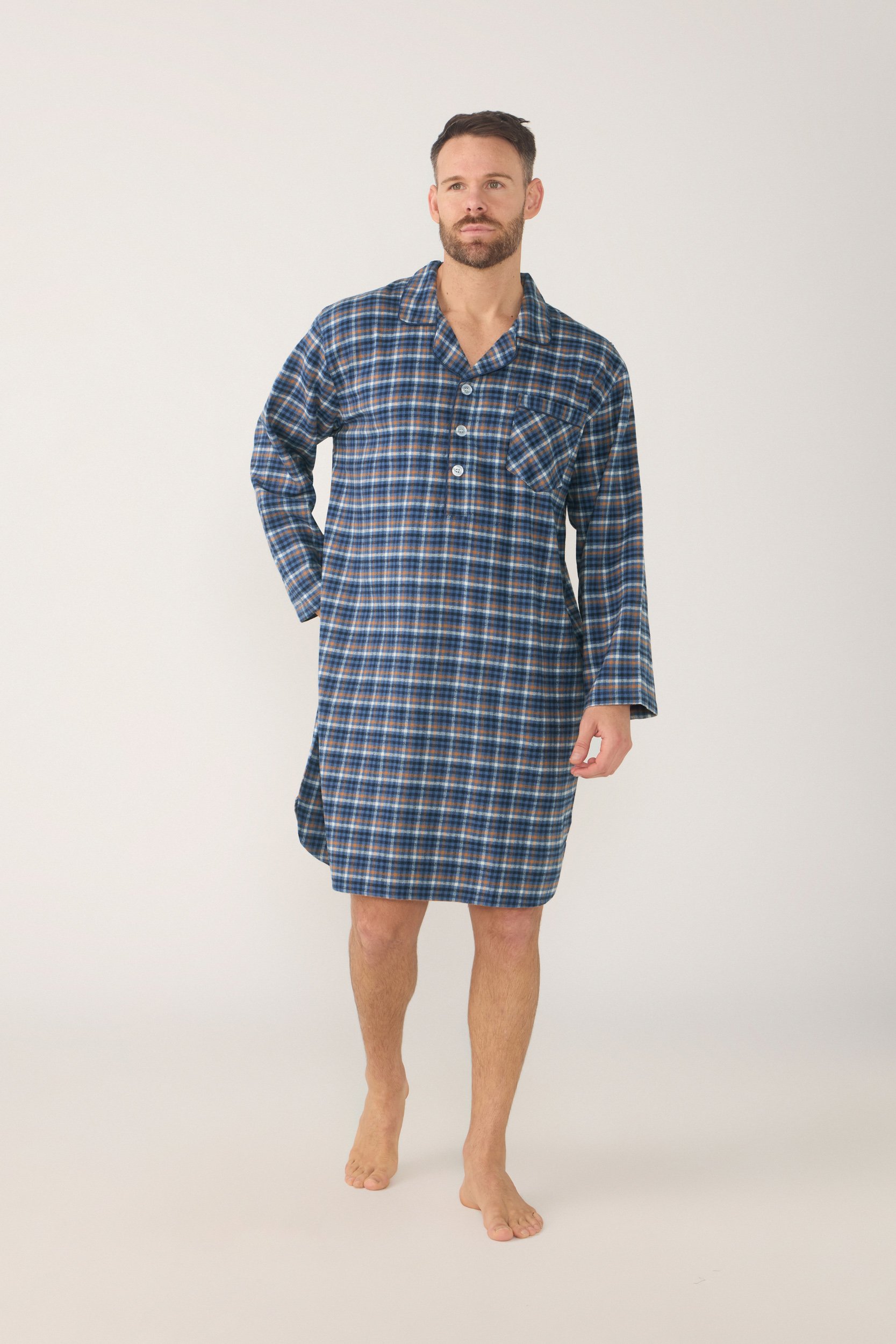 Men’s Winterweight Long Sleeve Knee-Length Nightshirt – Ancestry Tartan, Chestnut
