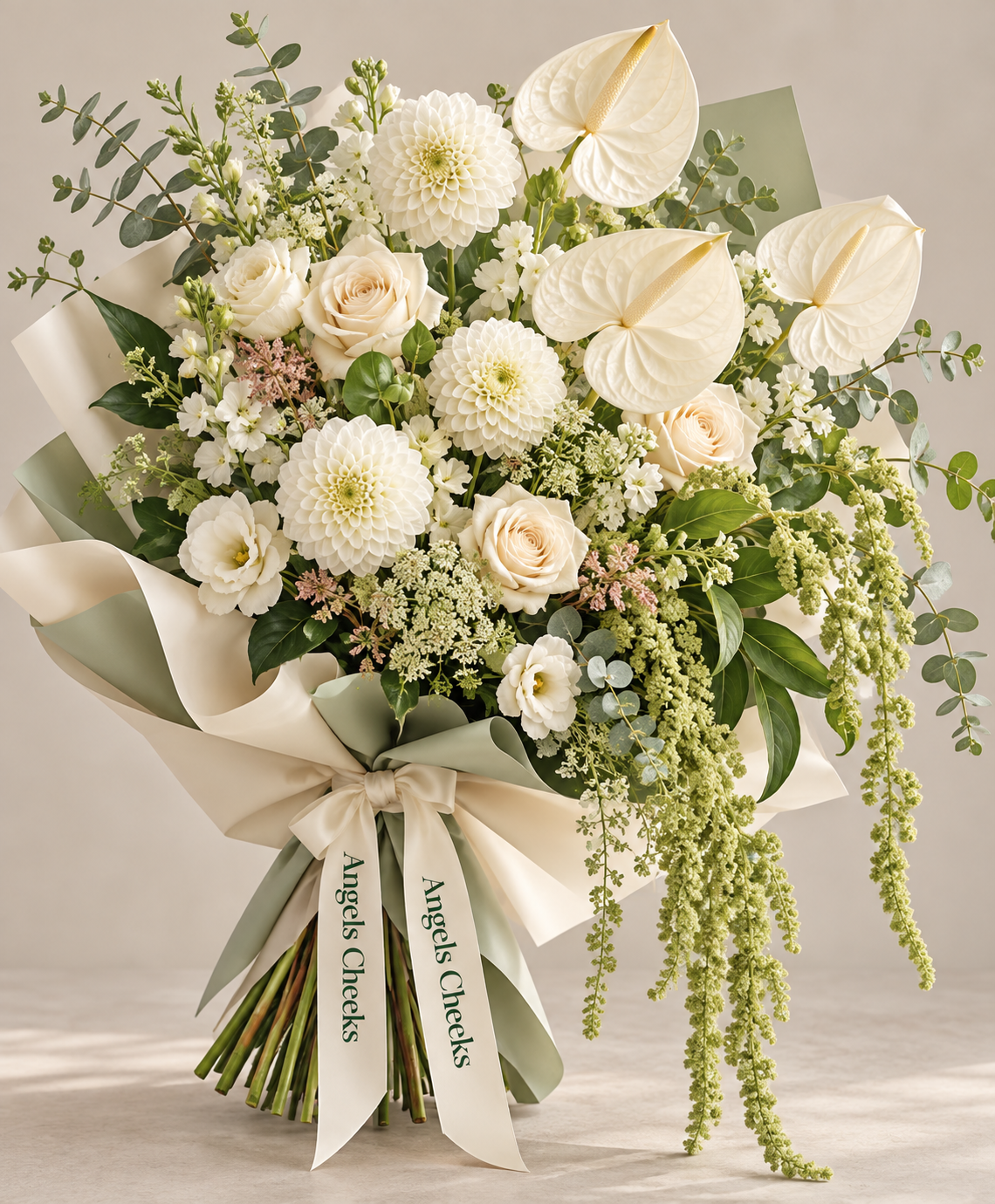 White dahlias, white anthurium, cream roses and hanging green amaranthus bouquet, sympathy flowers delivered in Chicago