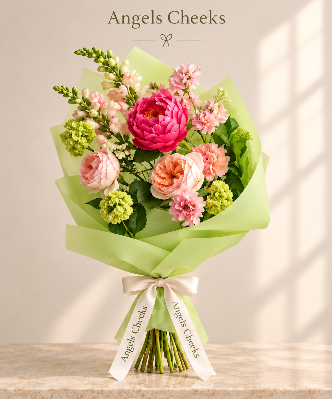 Hot pink peony, pink garden roses and snapdragons bouquet in light green wrap, same-day flower delivery in Chicago