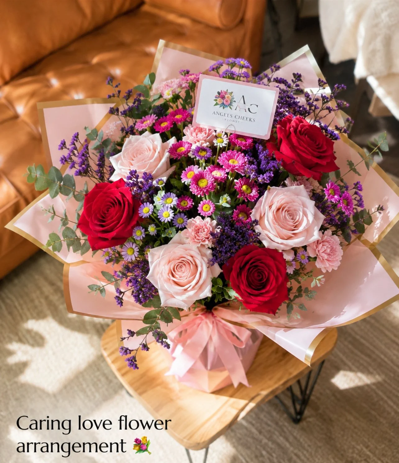 Caring Love arrangement with red and pink roses, pink daisies and purple statice, flower delivery in Chicago