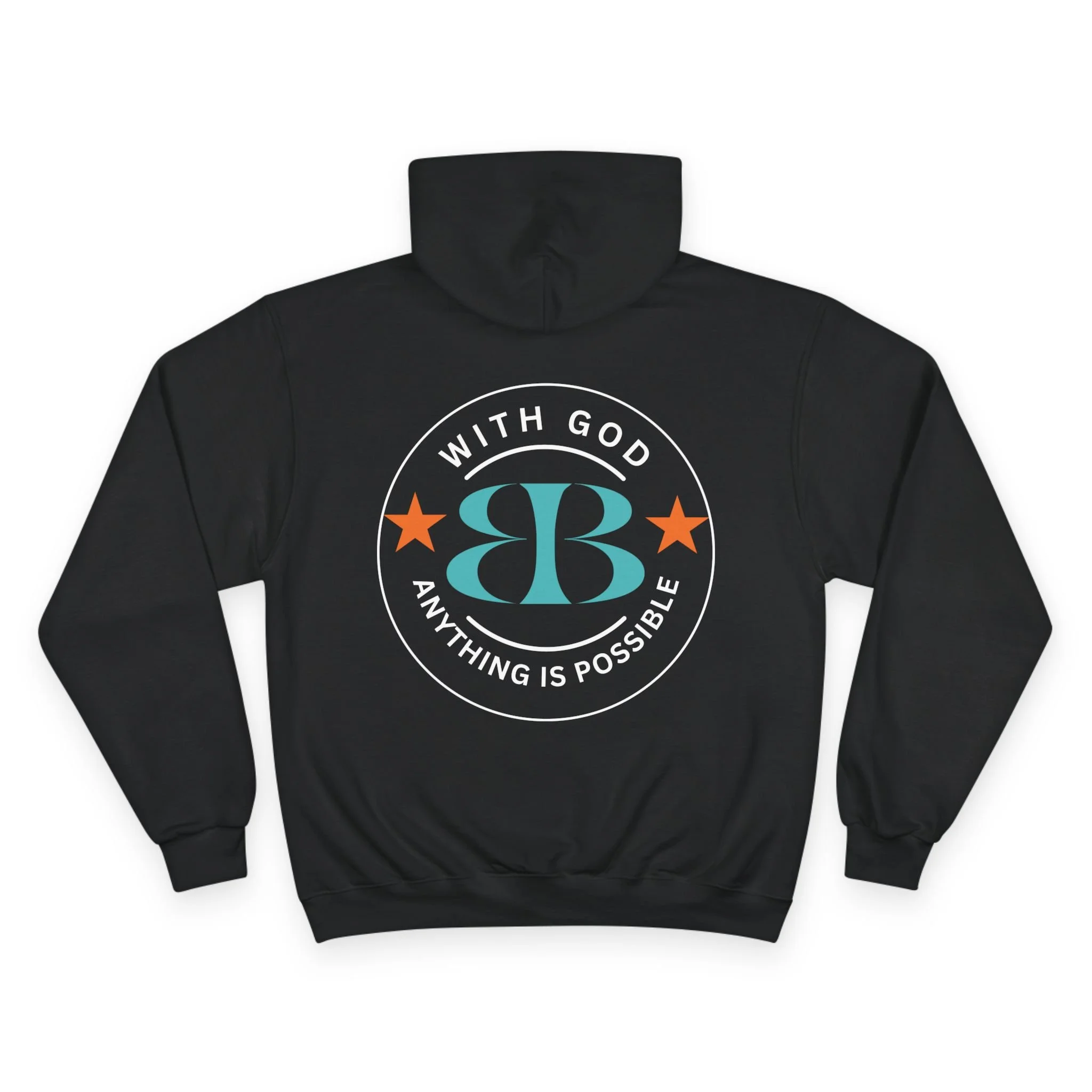 With God print on a black Champion hoodie