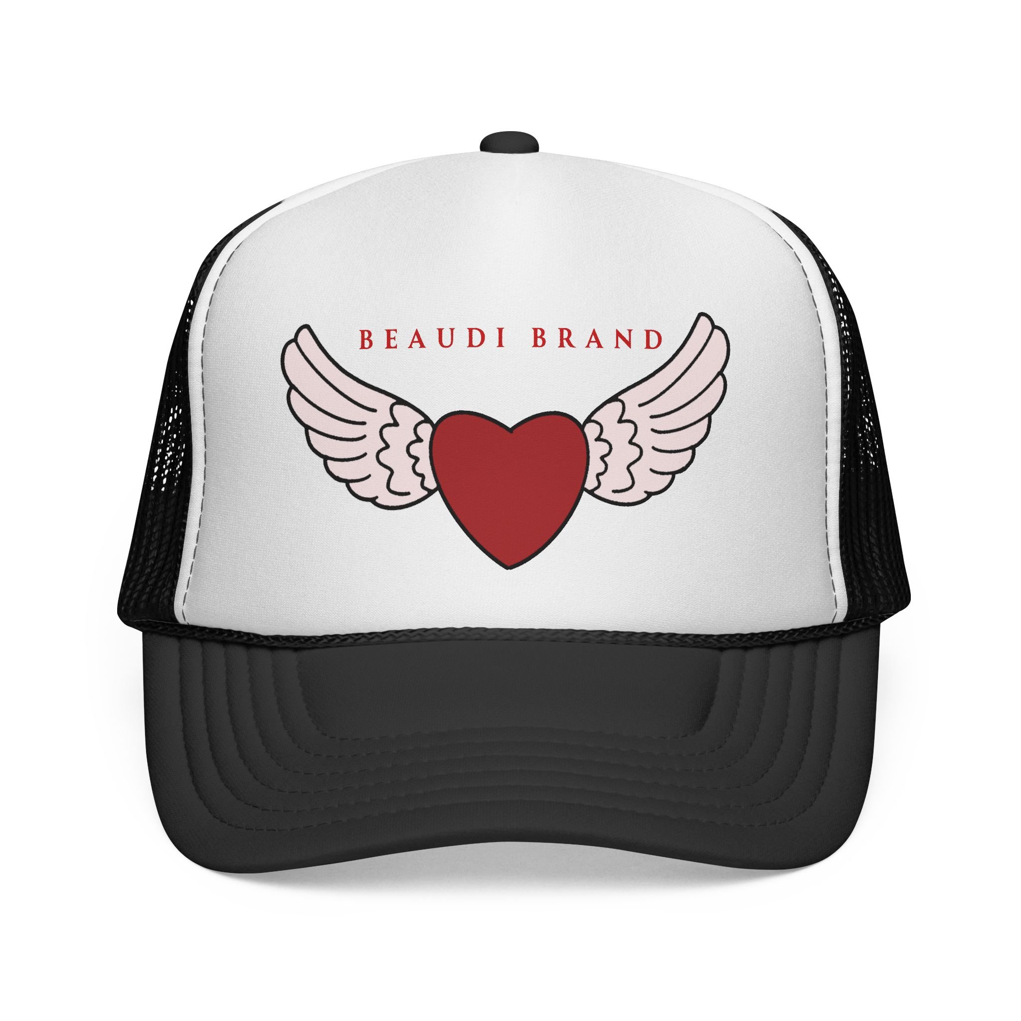 Beaudi Brand trucker cap on the sand by the ocean