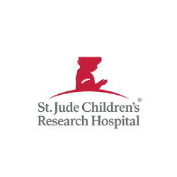 Logo of St. Jude Children's Research Hospital with a red teddy bear sitting and holding a block, and the hospital's name underneath.