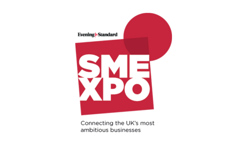 Logo for SME XPO featuring bold white text "SME XPO" on a red square with a partial red circle above and smaller text indicating sponsorship by The Evening Standard.