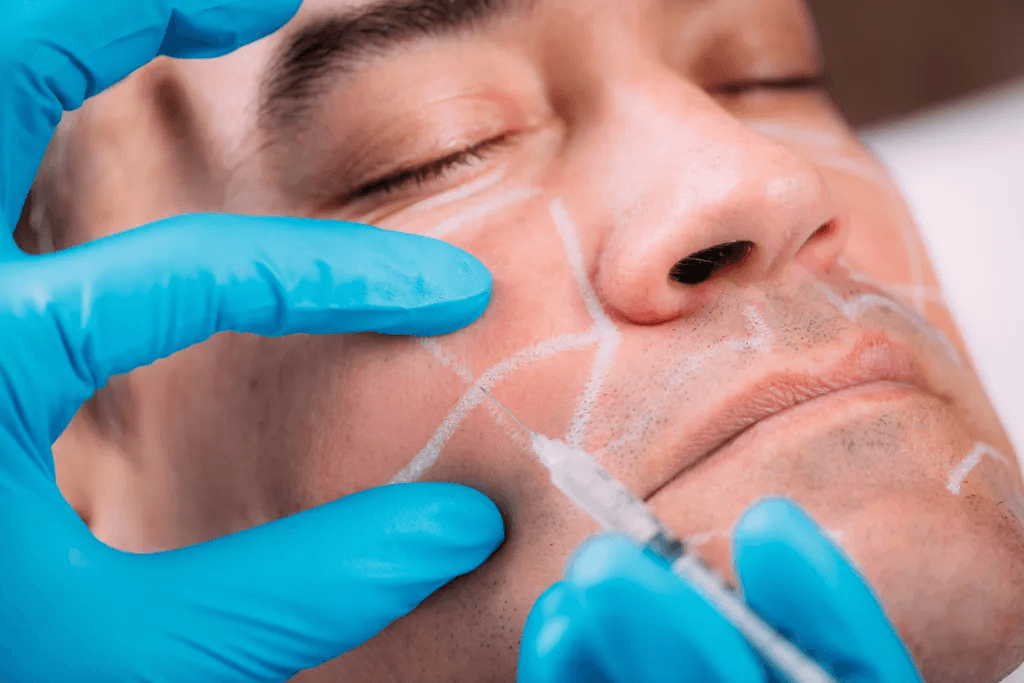 Close-up of a person receiving a cosmetic injection in the cheek, with a healthcare professional wearing blue gloves administering the injection.