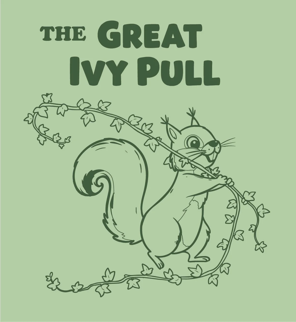 A cartoon squirrel, holding a strand of ivy, with the words "The Great Ivy Pull" above it.  A fundraising event for Portland Forest School, an alternative, private K-8 school in Portland, OR.