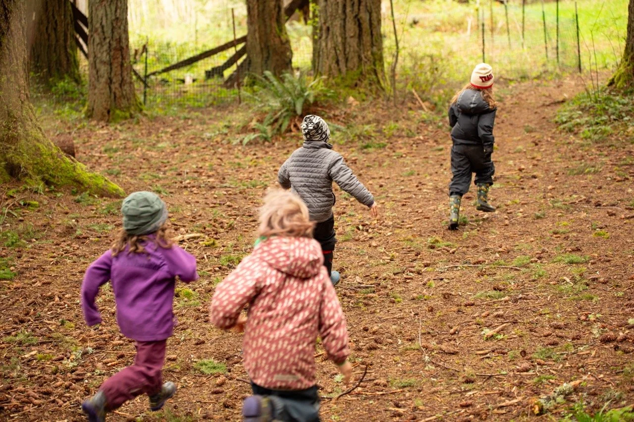 Kindergarten students explaining an outdoor space at a Portland private school, alternative education - The Portland Forest School a community based, low ratio, K-8th grade. Elementary and middle school.