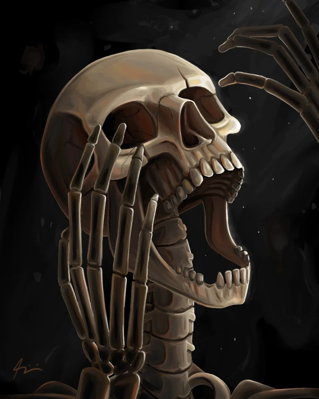 A skeleton trapped in a moment of terror.