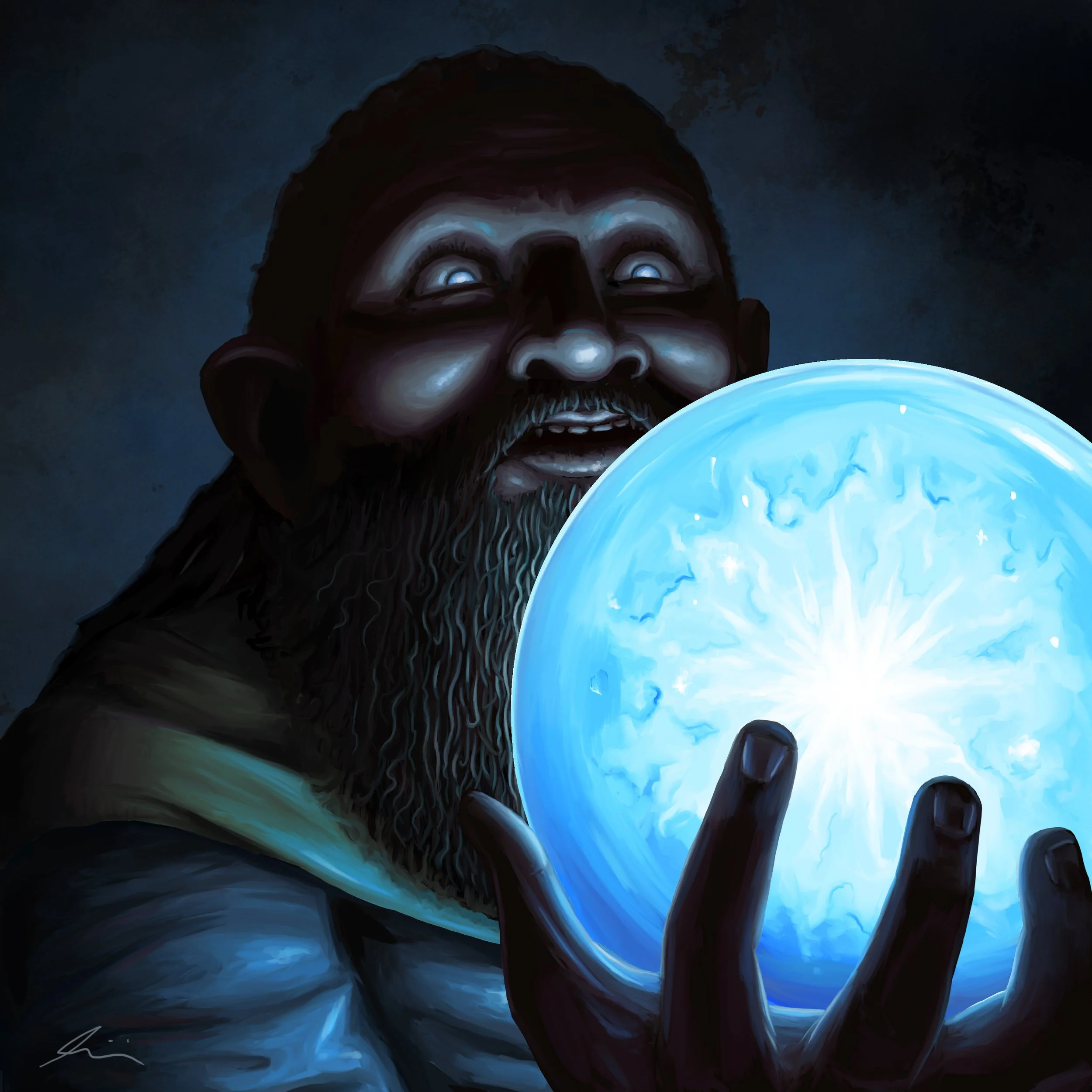 A dwarvish wizard, pondering his orb.