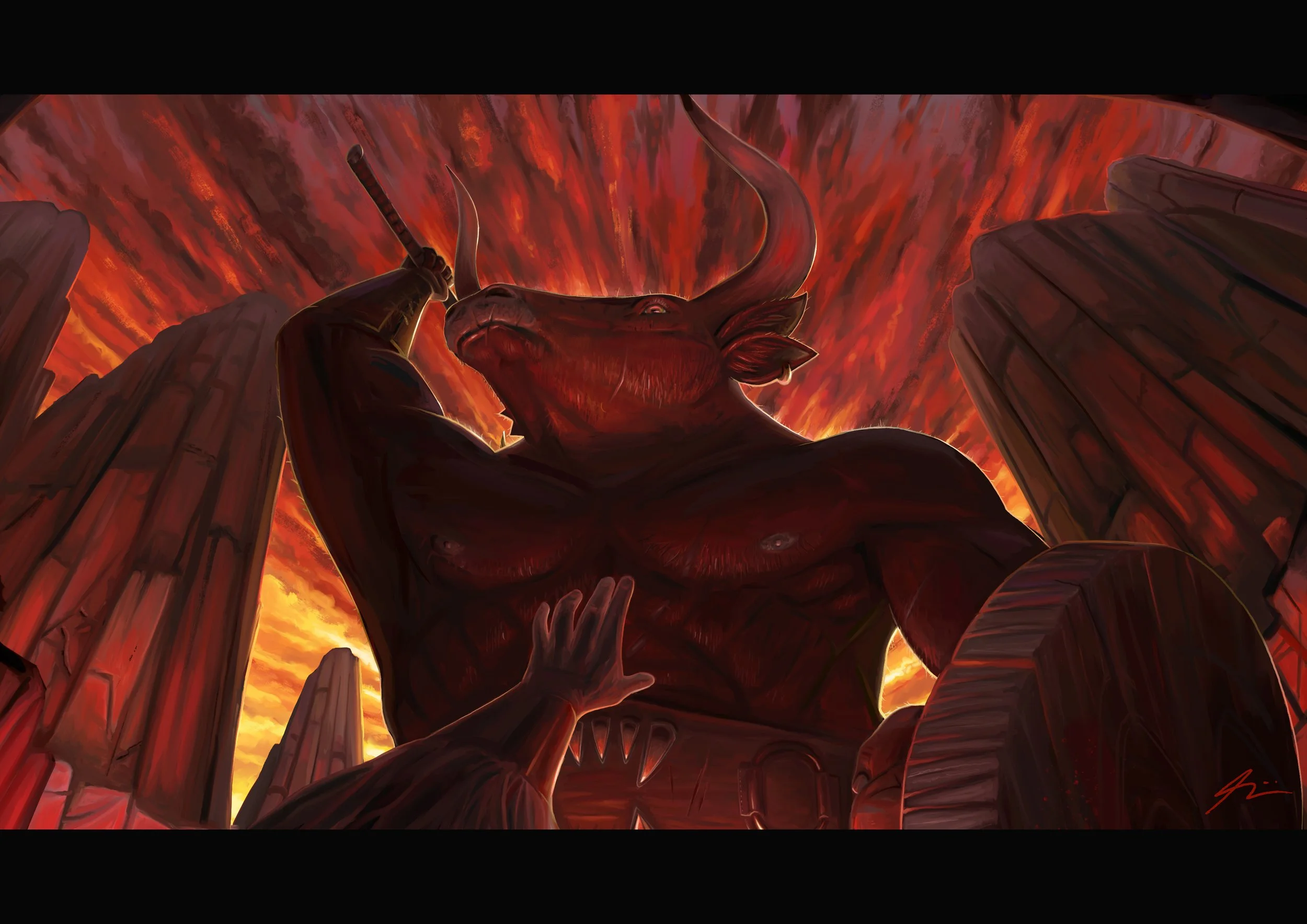 The Duel

I created this digital painting as the third in a series of 3, titled "Choose Your Own Adventure". It's a dark set, centred around how your adventure ends.

This depiction of a minotaur warrior swinging his weapon on the point of view chara