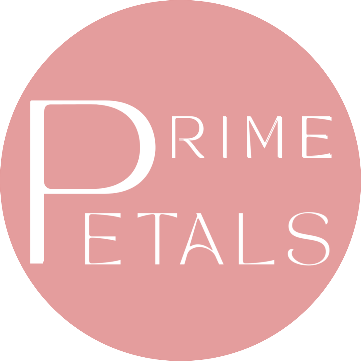 Pink circular logo with the text 'Prime Petals' in white, with 'P' in large font and overlapping the smaller words.