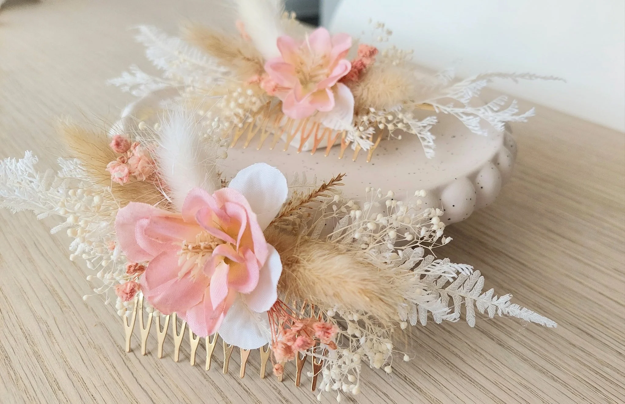 hair comb pieces made with dried and faux flowers