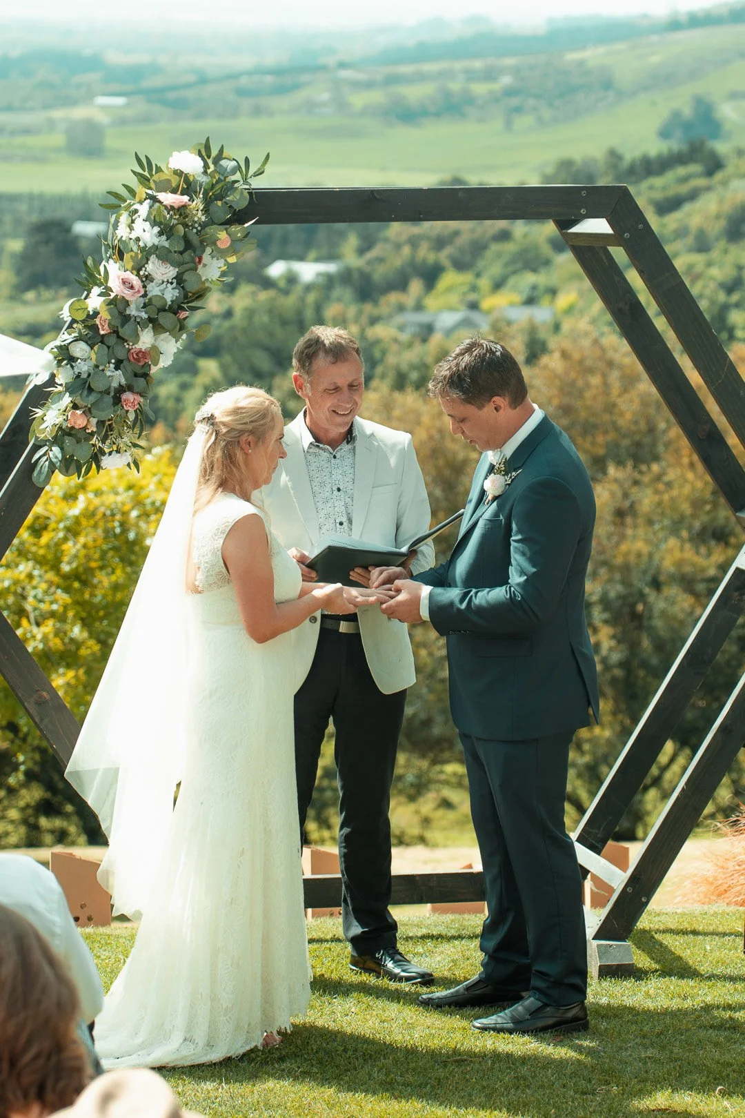 hexagon wedding arch  on hilltop wedding
