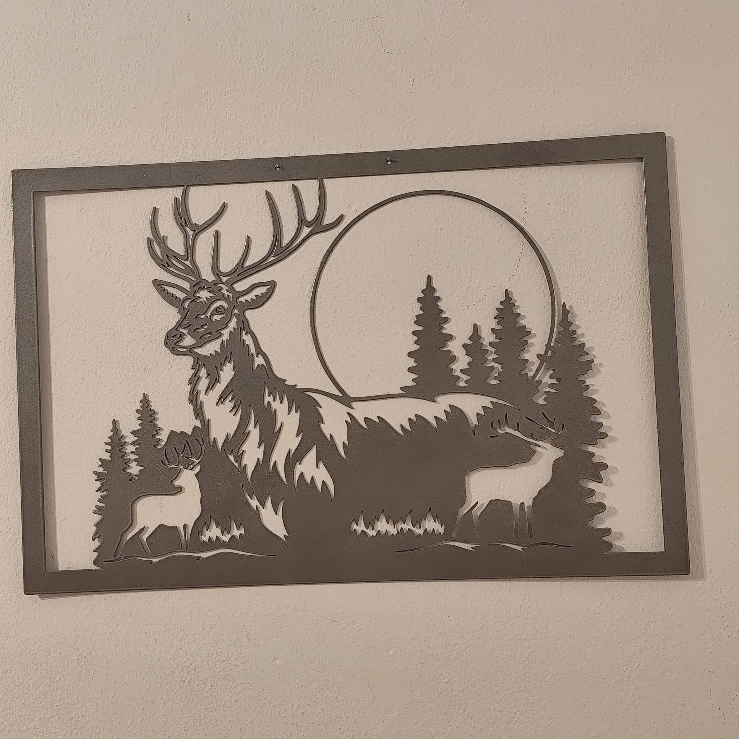 Natur Wanddeko Hirsch mit Bäumen und Mond silber