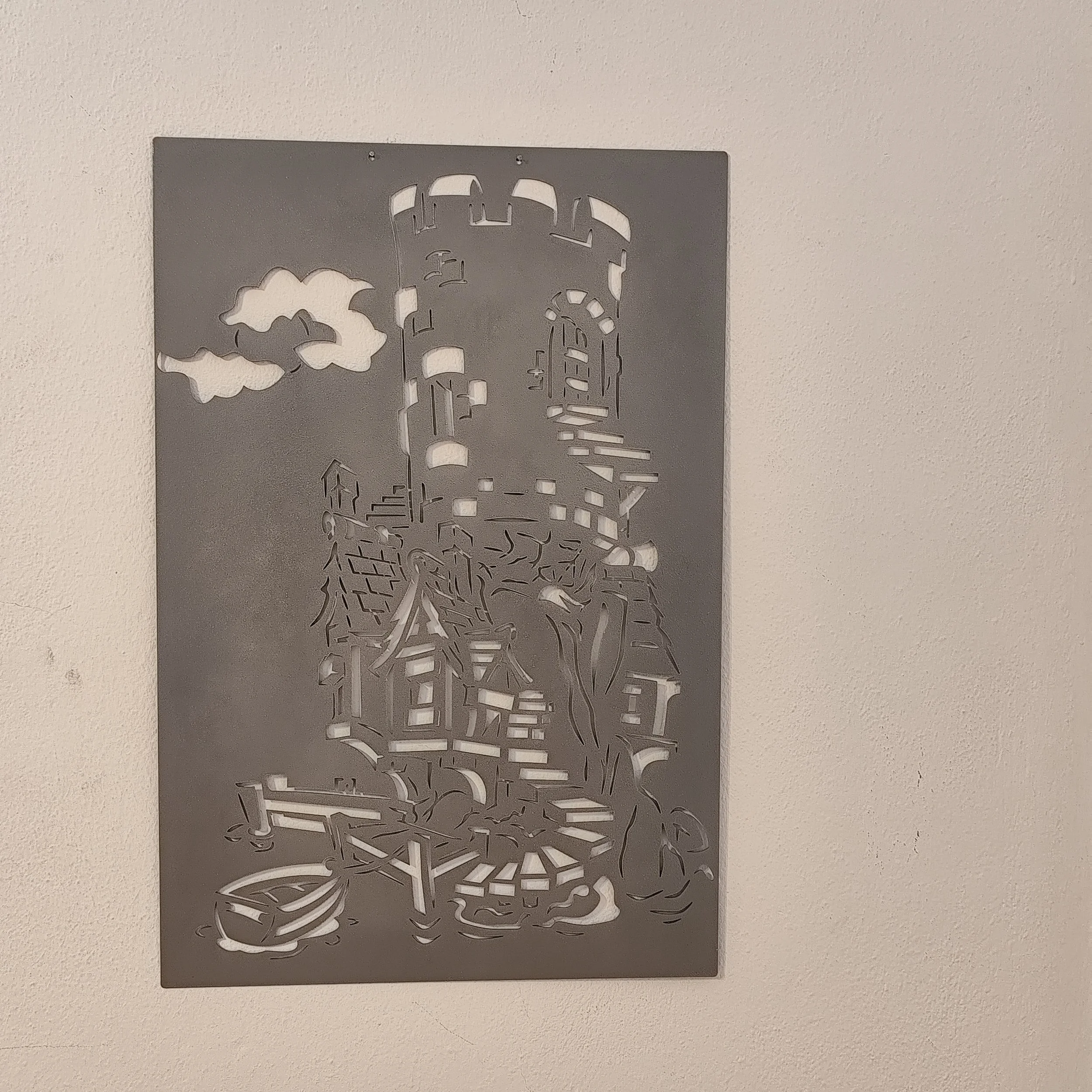 Burg Metall Wandbild in Silber stilvolle Dekoration