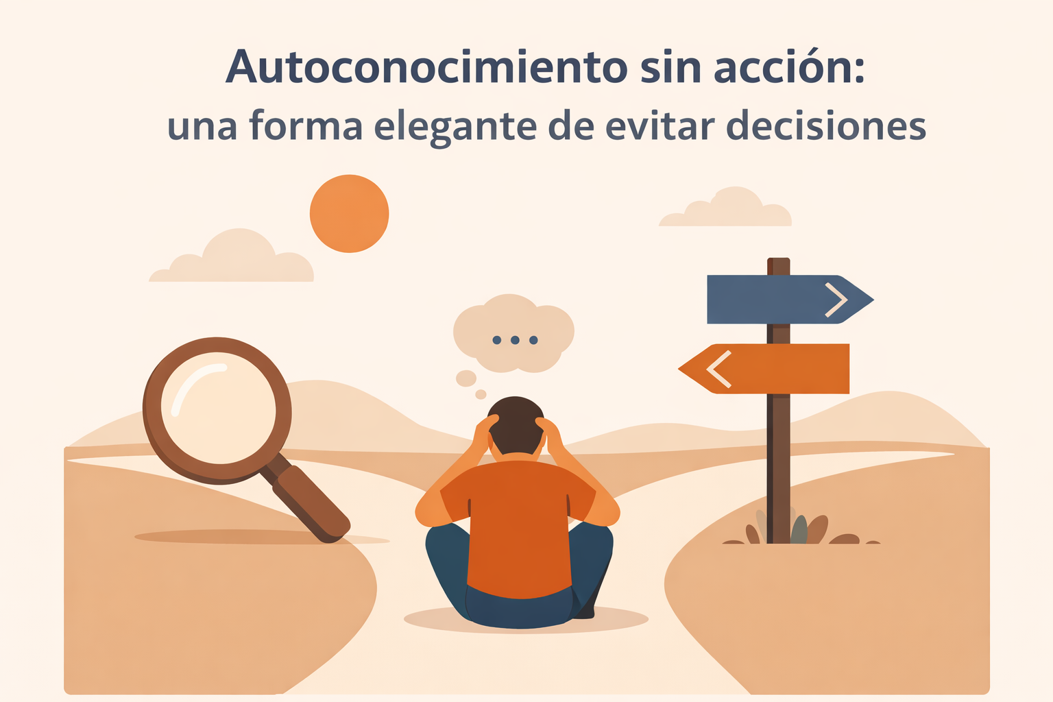 Ilustración en estilo plano de una persona reflexionando en una encrucijada, símbolo del autoconocimiento sin acción y la evitación de decisiones.