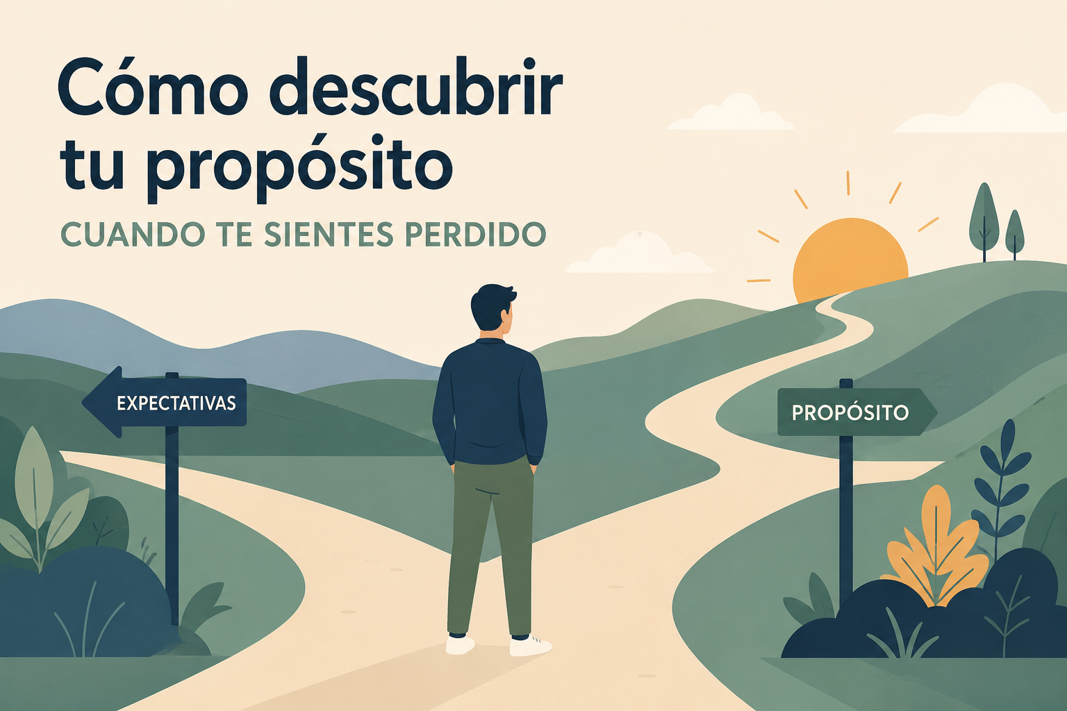 Cómo descubrir tu propósito cuando te sientes perdido: ilustración de una persona reflexionando ante una bifurcación entre las expectativas externas y un camino alineado con su propósito de vida.